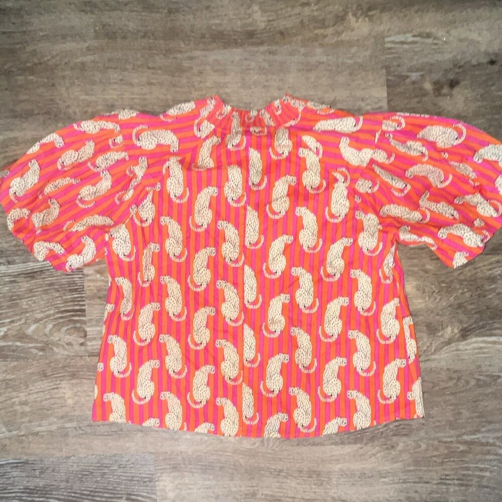 THML Animal Print Blouse Womens M Pink Orange White Puff Sleeve Round Neck - Picture 5 of 5